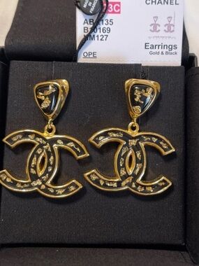 CHANEL Gold and Black CC Drop Earrings